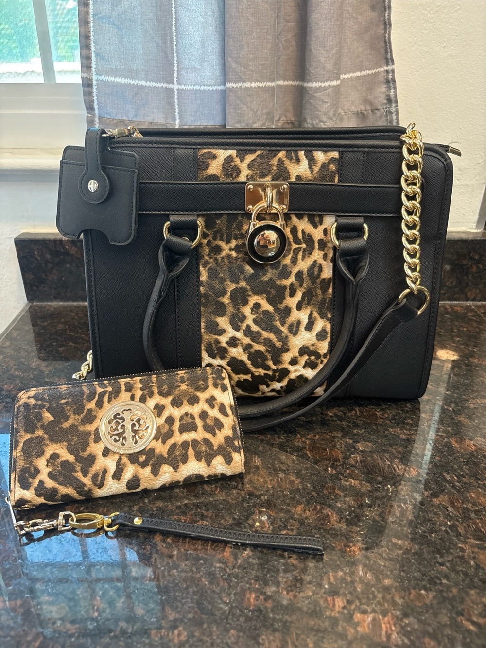 Black and Leopard Satchel Handbag with Gold Hardware